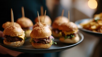 Miniature gourmet sliders with tangy mustard evoke autumn harvest festival joy and quirky canape artistry at a whimsical gathering