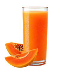 Papaya juice isolated PNG die-cut, tropical orange papaya drink with glass and fresh fruit slice, realistic smoothie style beverage, healthy papaya juice for summer refreshment and product advertising