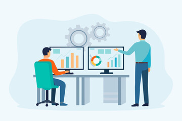 Two men analyzing data and charts on computer screens in an office setting with gears in the background