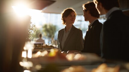 Austere silhouettes bask in golden twilight, diverse networking event, Diwali celebration, ethically diverse business exchange, enchanting serendipity