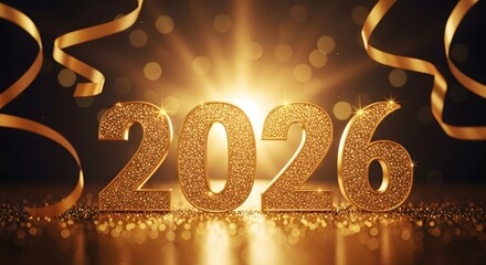 Sparkling golden glitter numbers 2026 illuminated by bright light burst surrounded by festive ribbons and bokeh lights celebrating new year