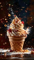 Delicious soft serve ice cream cone with caramel and berry toppings flying in the air against dark background