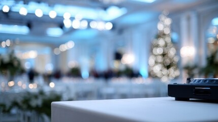 Whimsical holiday ballroom, glimmering lights dance, enchanting winter soiree, Celtic Yuletide celebration, serene festive backdrop