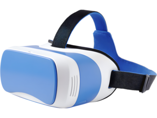 Modern blue and white virtual reality headset isolated on white background, symbolizing immersive technology and innovation.