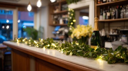 Cozy bar counter adorned with twinkling ivy garlands, champagne whispers celebration of International Champagne Day, festive luminosity