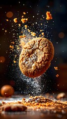 Delicious freshly baked cookie with golden crispy edges and soft center, with cookie crumbs flying in the air, close-up shot with warm lighting and blurred background
