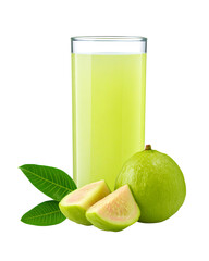 Guava juice isolated PNG die-cut, fresh green guava drink and sliced fruit, realistic tropical vitamin C beverage, natural guava juice for healthy lifestyle, summer drink design and product packaging