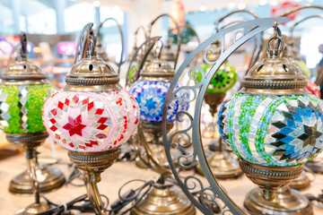 Traditional Turkey table lamps with glass bulbs in the form of a multi-colored mosaic.