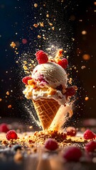 Delicious ice cream cone with berry toppings and dusting of powder captured in mid-air with vibrant background and dynamic splash effect perfect for desserts