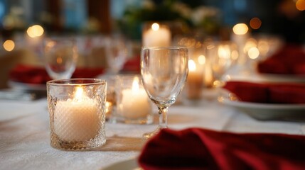 Candlelit elegance with flickering warmth, crimson linen whispers romance, perfect Yuletide feast or St Lucy's Day gathering