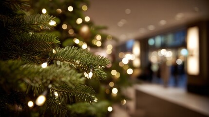 Twinkling fairy lights drape a pine, echoing Yule warmth and Festivus whimsy in a cozy urban embrace