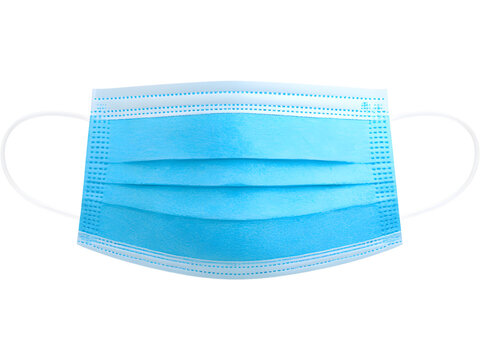 Blue disposable medical face mask isolated on white background, representing healthcare, safety, and protection.