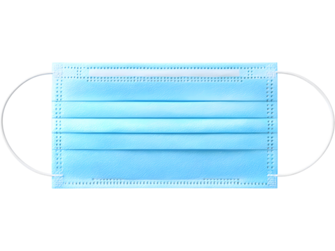 Blue disposable medical face mask isolated on white background, representing healthcare, safety, and protection.