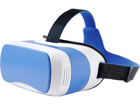 Modern blue and white virtual reality headset isolated on white background, symbolizing immersive technology and innovation.