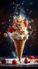 Delicious ice cream cone with whipped cream fresh berries and colorful toppings splashing in midair with dark background and vibrant lighting
