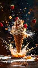 Delicious ice cream cone with strawberries and chocolate falling, splash effect, dessert treat, cold summer snack, tasty sweet, creamy swirl, dynamic action shot