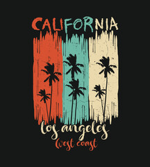 Retro california los angeles west coast graphic t-shirt design with palm trees and distressed vertical stripes on black background
