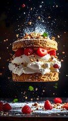 Delicious layered dessert cake with fresh berries whipped cream and crunchy cereal topping suspended in mid-air with dusting powder and scattered fruits on dark background