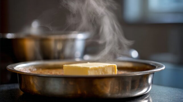 Steaming butter melts dreamily on sizzling pan, invoking Pancake Day indulgence and National Dairy Month celebrations - Powered by Adobe