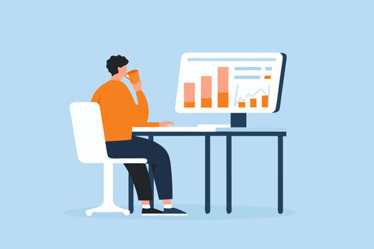 Man drinking coffee while analyzing financial charts on a computer screen at his desk