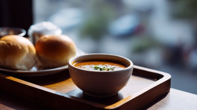 Cozy bowl of autumnal soup, crusty rolls embrace warmth; perfect for Hygge nights or World Soup Day celebrations