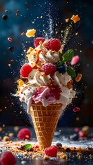 Delicious ice cream cone with fresh raspberries strawberries mint leaves chocolate sprinkles and colorful candies falling against dark background