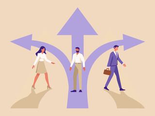 Three diverse business people stand at a crossroads making different career path decisions