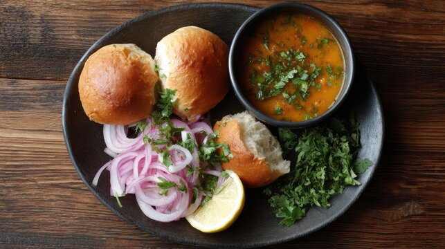 Savory pav bhaji symphony, robust Indian street food tradition, Diwali delight, garnished bun feast, zest of coriander carnival