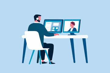 Man wearing headphones working on dual monitors with a video call on one screen