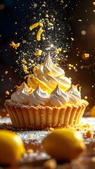 Festive birthday cupcake with whipped cream and sprinkles, golden candle shaped like a question mark, vibrant celebration dessert for special occasions