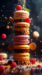 Stack of colorful macarons topped with fresh berries and mint leaves with scattered crumbs and floating ingredients on dark background, high detail