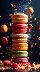 Vibrant colorful macarons tower with scattered crumbs and floating cookies on dark background, sweet dessert display with variety of flavors and textures