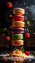 Colorful macarons tower with raspberry berries and scattered crumbs, rich textured background, vibrant dessert, sweet treat, elegant pastry display, culinary art