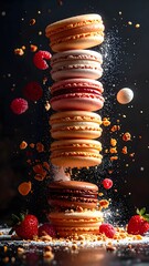 Elegant tower of colorful macarons with fresh strawberries and vibrant crumbs suspended in midair against a dark background, sweet dessert for celebrations and treats