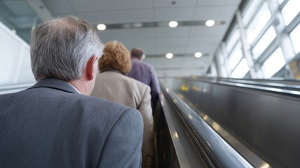 Senior travelers on an airport escalator, echoing whispers of wanderlust, Grandparents' Day anticipation, silver-haired odyssey unfolding