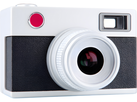 White retro-style camera with black lens isolated on white background, symbolizing photography and nostalgia. - Powered by Adobe