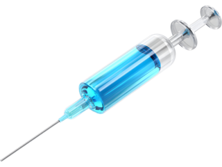 Medical syringe filled with blue liquid isolated on white background, symbolizing healthcare and vaccination.