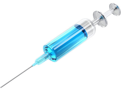 Medical syringe filled with blue liquid isolated on white background, symbolizing healthcare and vaccination.