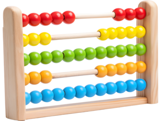 Classic wooden abacus with colorful beads isolated on white background, symbolizing early education and counting.