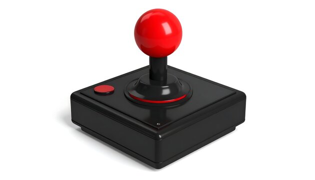 3D realistic arcade joystick icon with red ball handle and black base, representing retro gaming, classic arcade fun, and entertainment, isolated on white background.