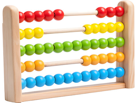 Classic wooden abacus with colorful beads isolated on white background, symbolizing early education and counting.