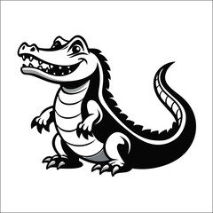 Friendly alligator cartoon floating on water with a big smile in monochrome style
