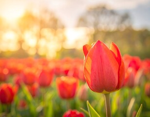 Close-up vibrant red tulip in focus with a field of red tulips blurred in background, sunlight