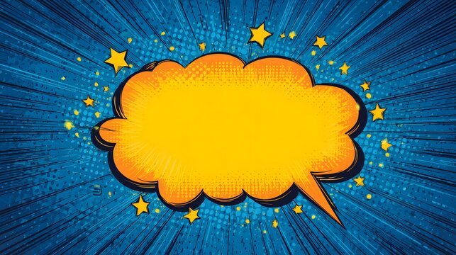 Bright yellow speech bubble overlays dynamic blue background featuring burst lines and scattered stars