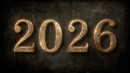 Elegant numbers 2026 illuminated in soft gold on dark aged surface, blending festive radiance and classical artistry in refined minimalist New Year celebration card.