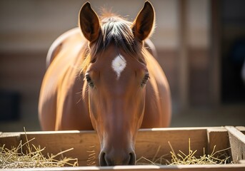 Brown Horse Eating Hay in Stable - A Focused Portrait.
