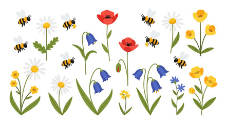 Vibrant spring meadow collection with busy bees and diverse blooming wildflowers, illustrating nature's cheerful beauty © Avra