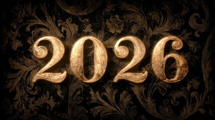 Number 2026 glowing in golden light over vintage dark rococo wallpaper, merging ornate elegance and festive spirit in a sophisticated New Year celebration visual design.