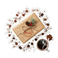 Gift for a mug with coffee, cocoa, marshmallows and the inscription on the tag is warm isolated on transparent or white background, png