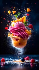 Vibrant colorful ice cream scoop with fresh berries and fruit toppings exploding into a splash of vibrant colors against dark background